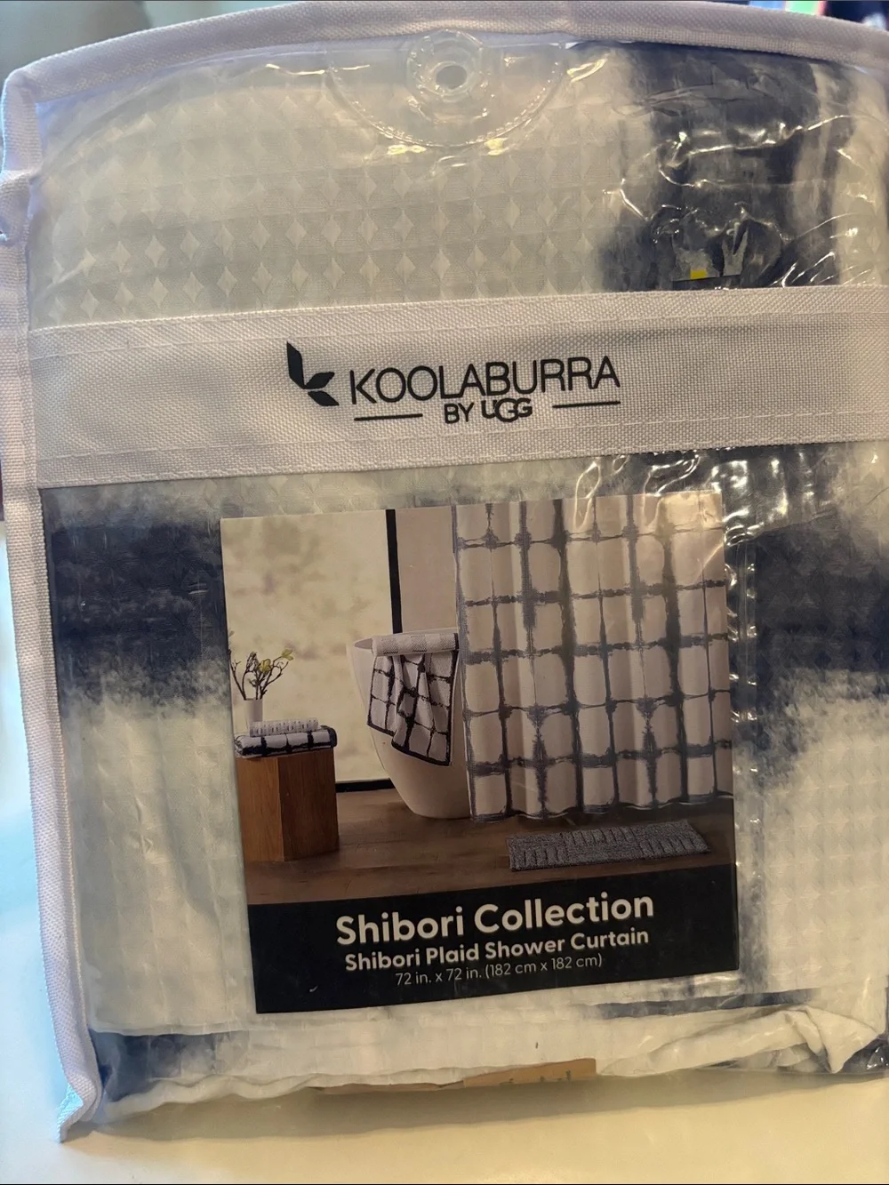 Koolaburra Shibori Plaid Shower Curtain - White & Navy Blue